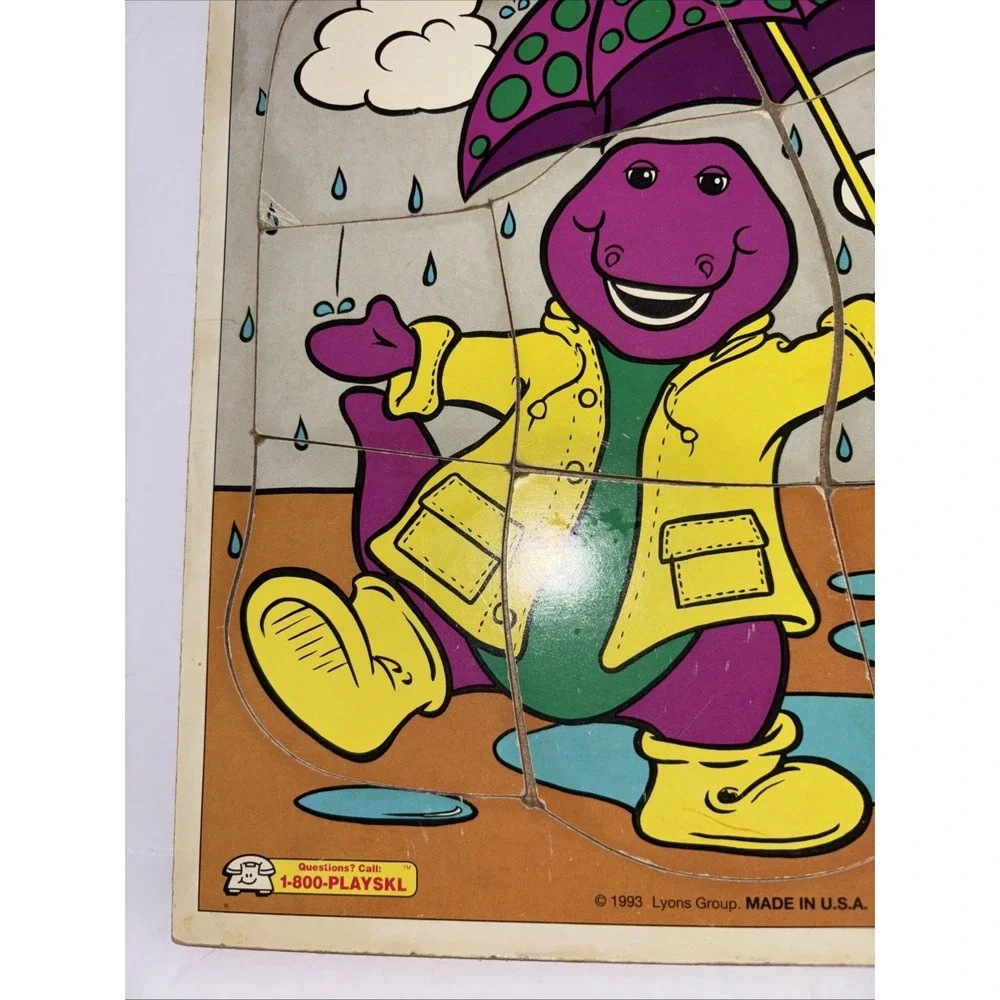 Vintage Playskool  Barney Dancing in the Rain Dancin' Wooden Puzzle 1993